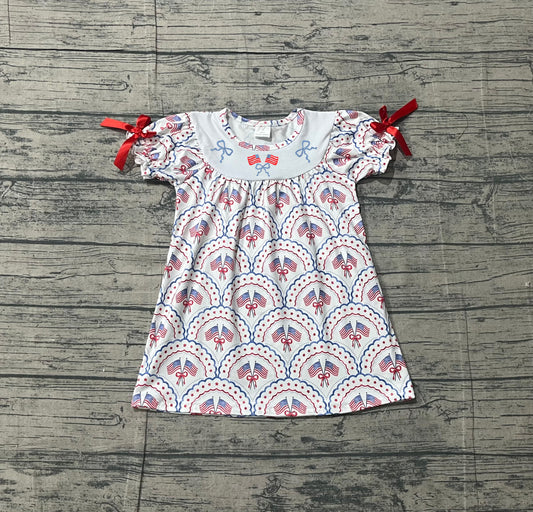 Sample GSD3525 Cute Embroidery Bows Flags Baby Girls Checked 4th of July Knee Length Dresses