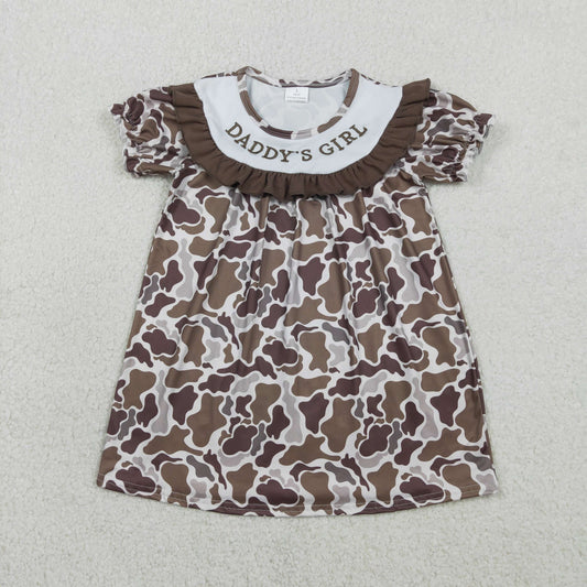 RTS GSD3526 Embroidery Daddy's Girls Southern Brown Camo Ruffle Knee Length Dresses