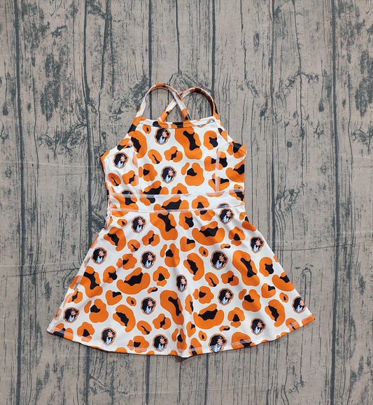 Sample GSD3634 Cute Yoga fabric Baby Girls Strap Orange Leopard Dogs Team Yoga Active Shorts Knee Length Dress
