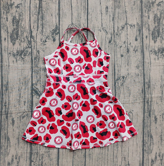 Sample GSD3635 Cute Yoga fabric Baby Girls Strap Red Leopard A Team Yoga Active Shorts Knee Length Dresses