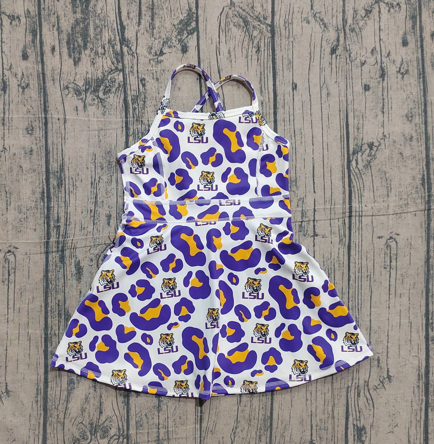 Sample GSD3639 Cute Yoga fabric Baby Girls Strap Purple Leopard LSU Tigers Team Yoga Active Shorts Knee Length Dress