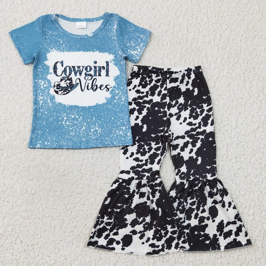 GSPO0316 Girls blue short sleeve cow print pants