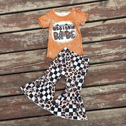 GSPO0388 Baby Girls Sibling Western Babe Leopard Outfits Rompers Clothes Set