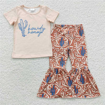 Sibling Baby Girls Western Shirts Bell Bottom Pants Outfits Sets C8.22