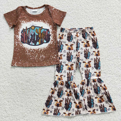 Sibling Baby Girls Western Shirts Bell Bottom Pants Outfits Sets 4.26