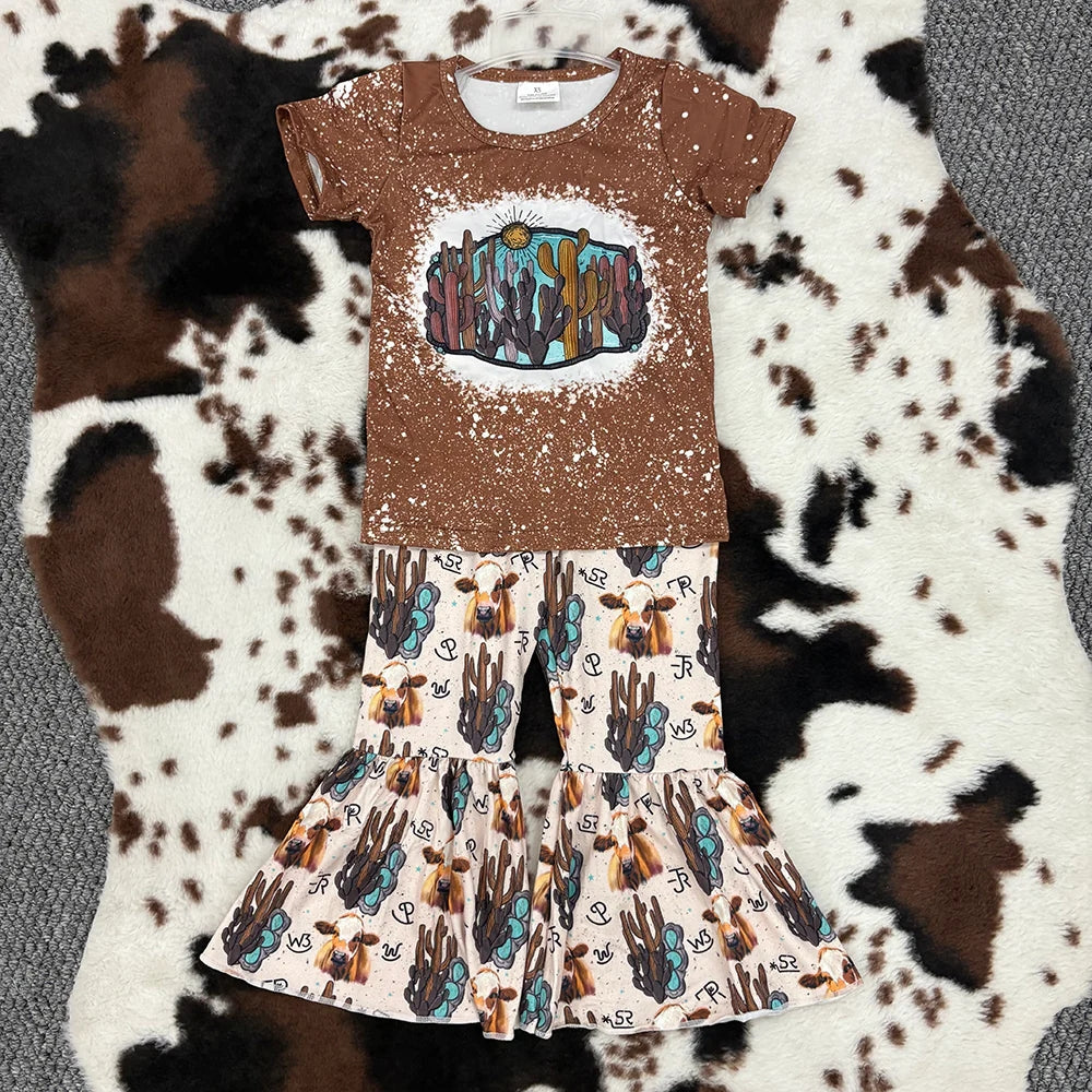 GSPO0647 Baby Girls Cactus Western Bell Bottom Pants Set