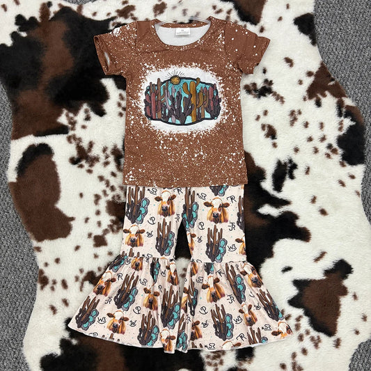 GSPO0647 Baby Girls Cactus Western Bell Bottom Pants Set