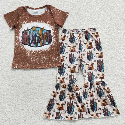 Sibling Baby Girls Western Shirts Bell Bottom Pants Outfits Sets C8.22