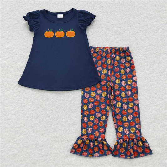 GSPO0762 Embroidery three pumpkin navy blue short sleeve lace trousers