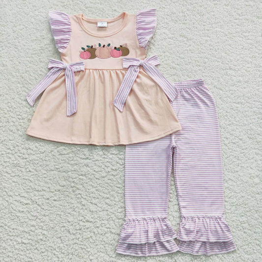 GSPO0783 Girls embroidered pumpkin pink flying sleeves Purple striped pantsuit