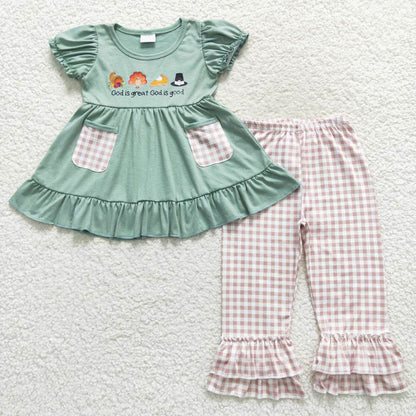 GSPO0827 Baby Girls Thanksgiving Green Turkey 2Pcs Ruffle Pants Clothes Set