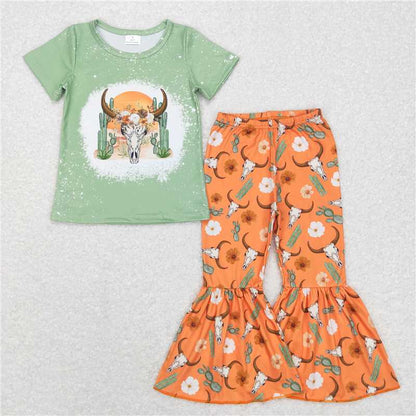Sibling Baby Girls Western Shirts Bell Bottom Pants Outfits Sets C8.22