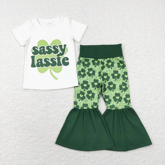 GSPO1029sassy lassie letters white short-sleeved love four-leaf clover suit