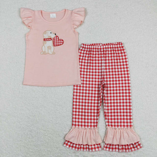GSPO1161 Embroidery Love Puppy Pink Flying Sleeves Lace Red and White Plaid Valentine's Day Set