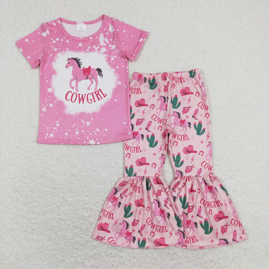 GSPO1238cowgirl letter riding pink short-sleeved trousers suit
