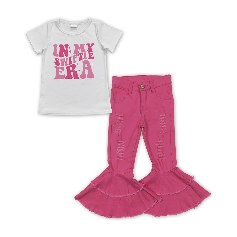 GSPO1469Baby Girls Singer Era Shirt Pink Distressed Bell Denim Jeans Pants Clothes Sets