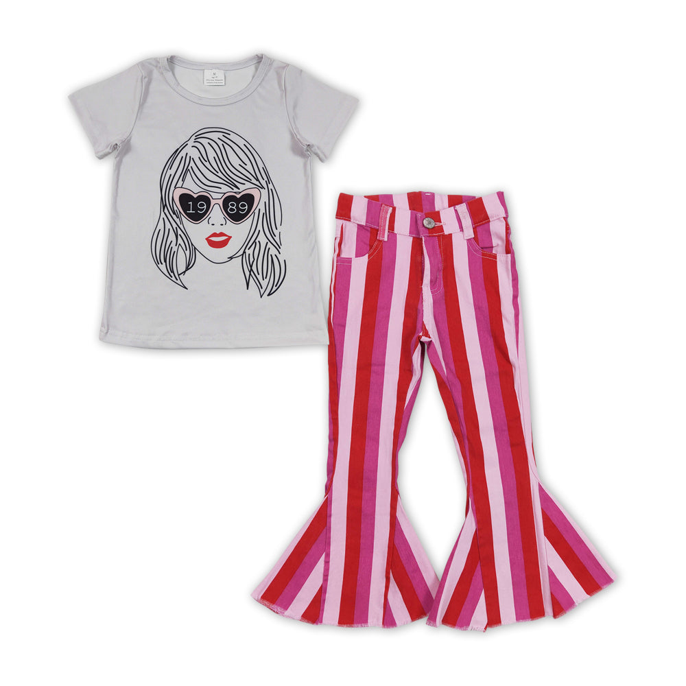 GSPO1470Baby Girls Grey Singer Shirt Pink Stripes Bell Denim Jeans Pants Clothes Sets