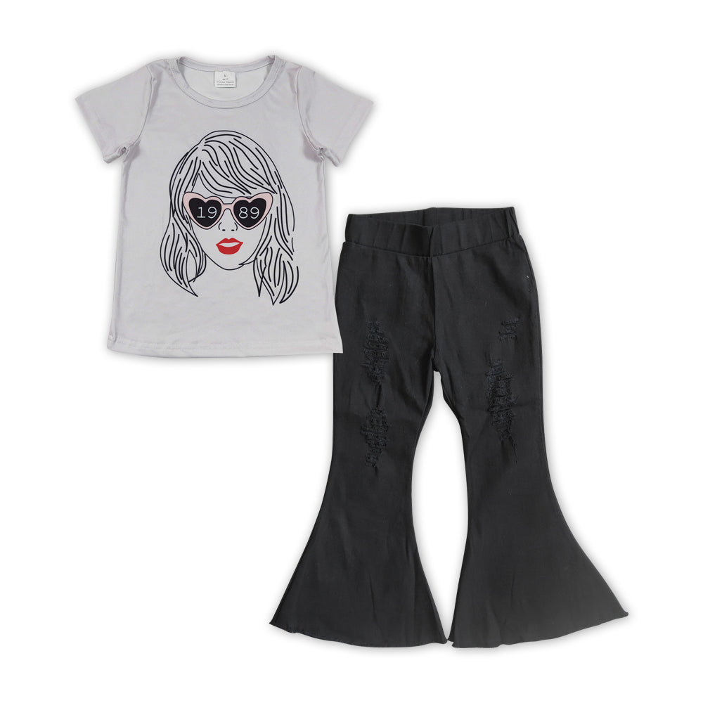GSPO1472Baby Girls Singer Shirt Black Bell Denim Jeans Pants Clothes Sets
