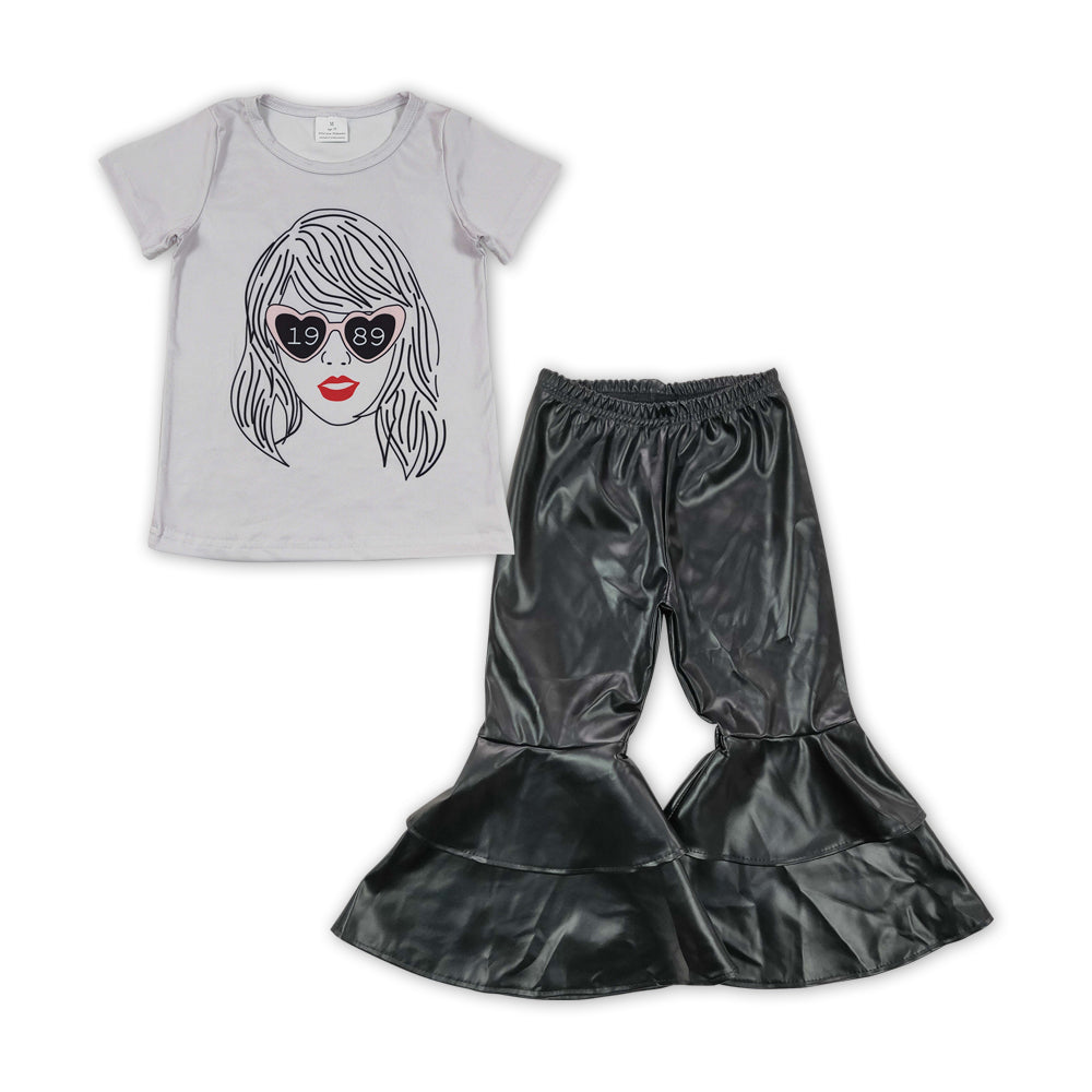 GSPO1474Baby Girls Singer Grey Tee Top Black Leather Bell Pants Clothes Sets
