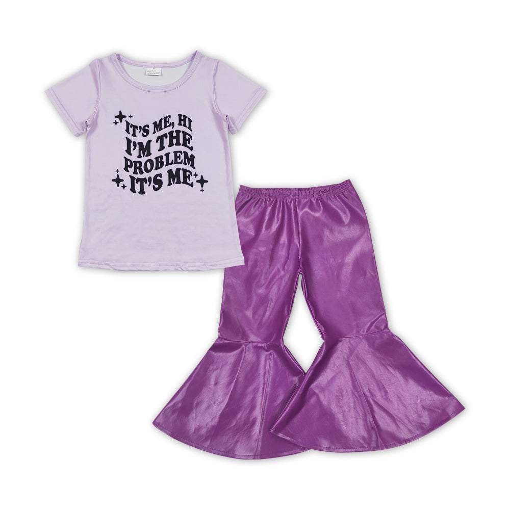 GSPO1475Baby Girls Singer Problem Tee Top Purple Leather Bell Pants Clothes Sets