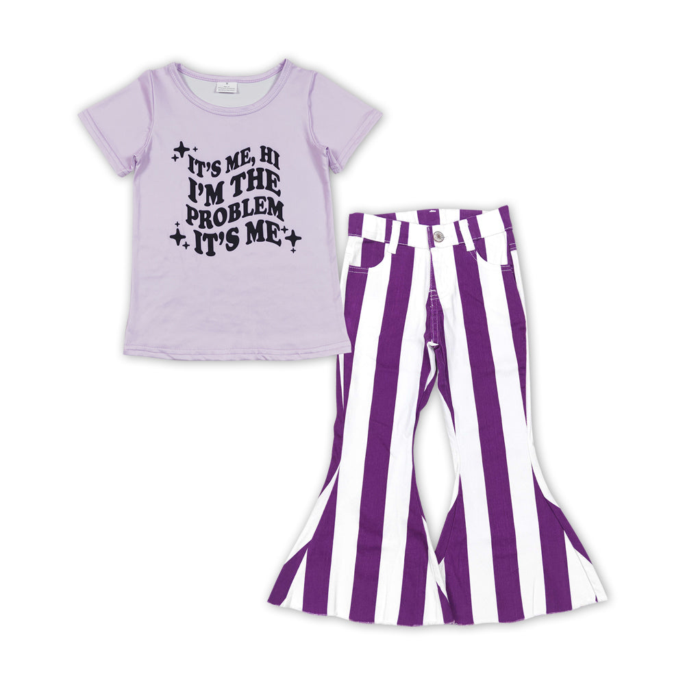 GSPO1476Baby Girls Problem Singer Shirt Purple Stripes Bell Denim Jeans Pants Clothes Sets