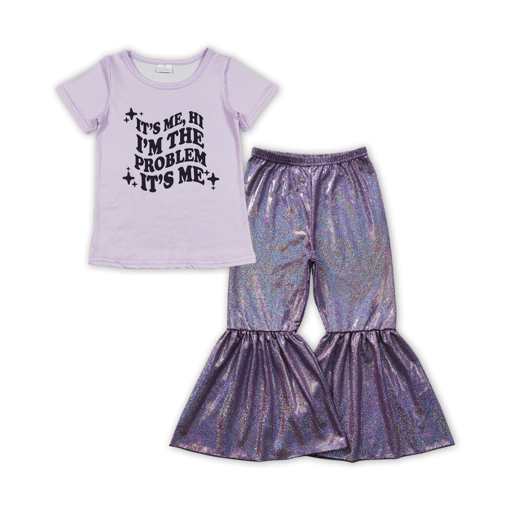 GSPO1478Singer Problem Baby Girls Tee Shirts Tops Purple Sparkle Bell Pants Clothes Sets