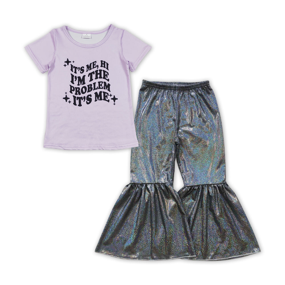 GSPO1479Singer Problem Baby Girls Tee Shirts Tops Black Sparkle Bell Pants Clothes Sets