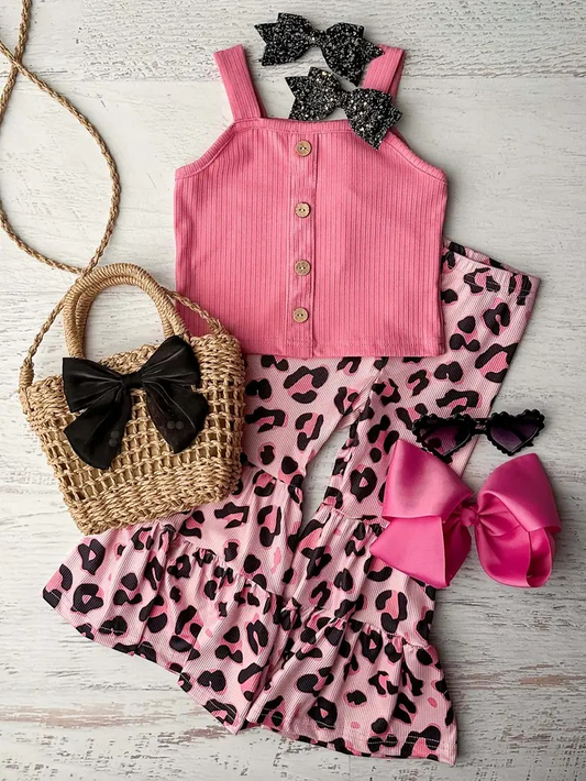 GSPO1509Baby Girls Pink Straps Shirt Leopard Bell Pants Clothes Sets Preorder