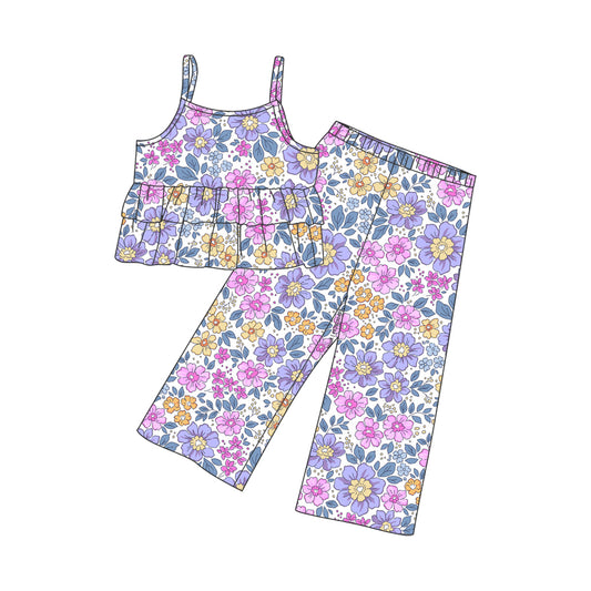 GSPO1510Baby Girls Purple Flowers Straps Ruffle Top Pants Clothes Sets Preorder