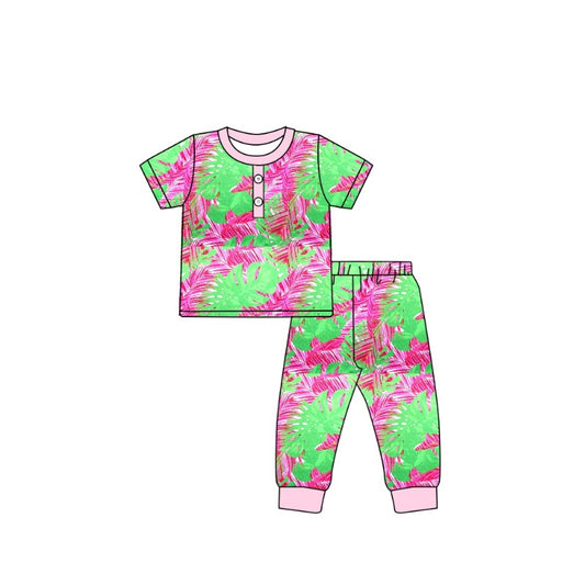 GSPO1513Baby Girls Pink Green Wild Shirts Pants Pajamas Clothes Sets Preorder