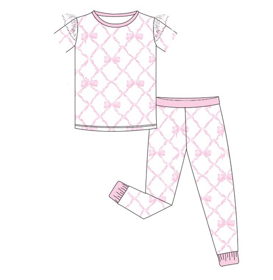 GSPO1517 Girls' pink and white short-sleeved trousers pajama set with bow pattern for pre-sale