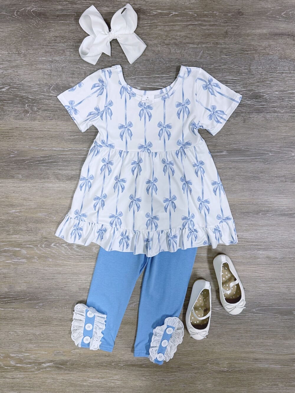 GSPO1688 Baby Girls Blue Bows Ruffle Top Legging Clothes Set