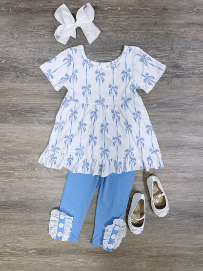 GSPO1688 Baby Girls Blue Bows Ruffle Top Legging Clothes Set