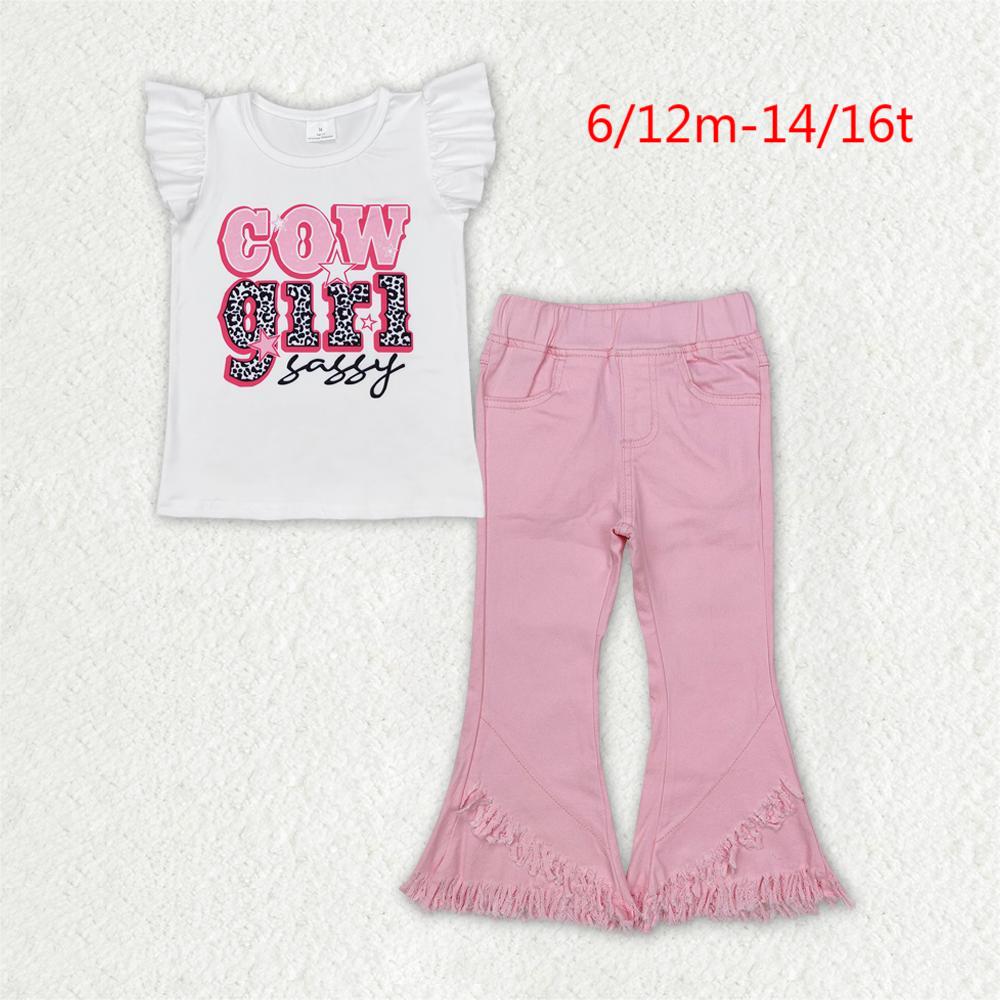 GSPO1817 Baby Girls Western Cowgirl Sassy Shirt Top Pink Fringe Denim Jeans Pants Clothes Set