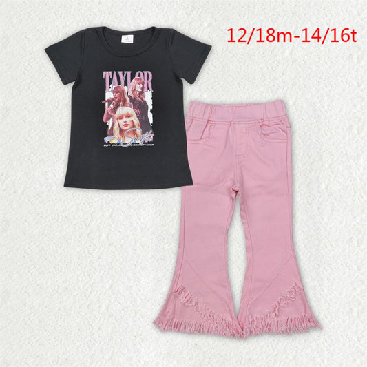 GSPO1818 Baby Girls Black Singer Shirt Top Pink Fringe Denim Jeans Pants Clothes Set