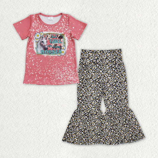 GSPO1839 Baby Girls Western Horses Shirt Leopard Bell Pants Clothes Set