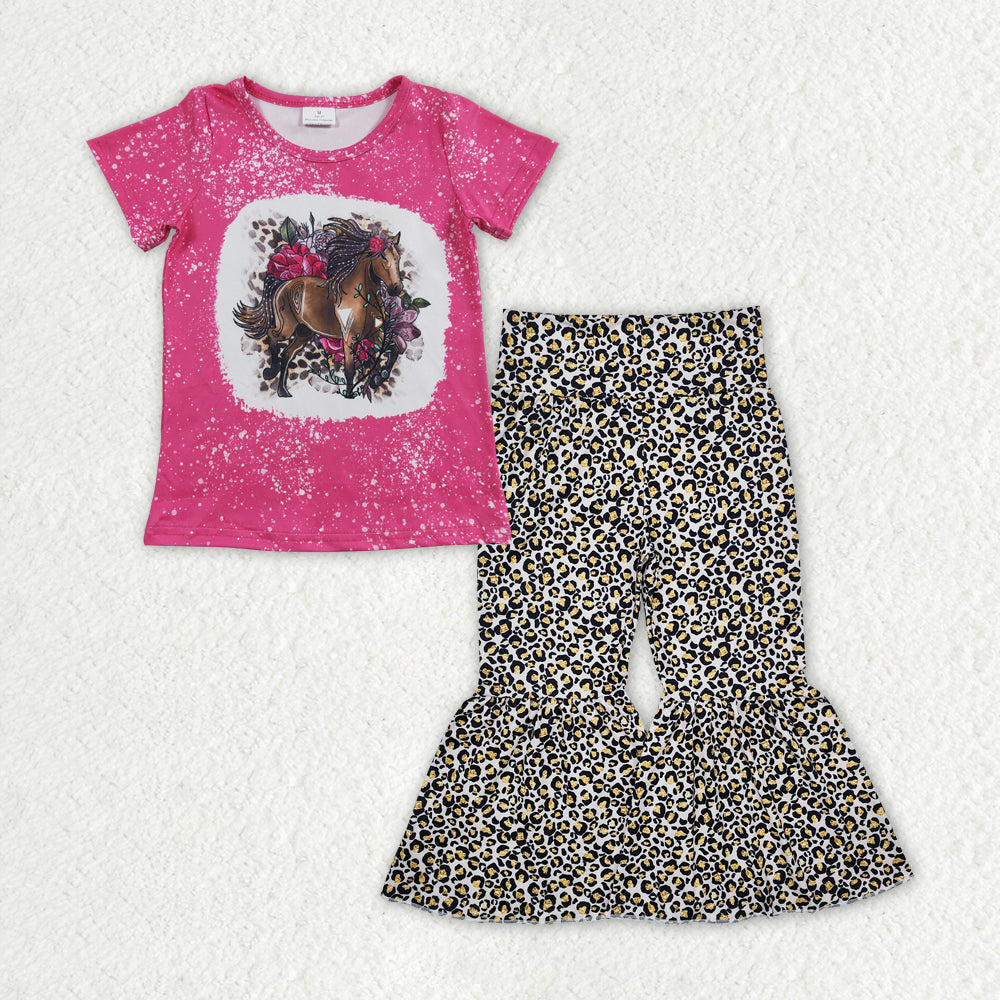 GSPO1840 Baby Girls Western Horse Flowers Shirt Leopard Bell Pants Clothes Set