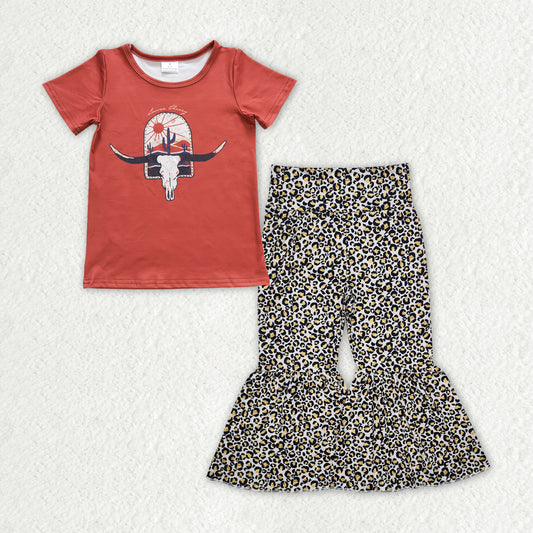 GSPO1841 Baby Girls Western Cow Cactus Shirt Leopard Bell Pants Clothes Set