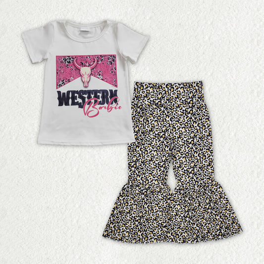 GSPO1842 Baby Girls Western Doll Shirt Leopard Bell Pants Clothes Set