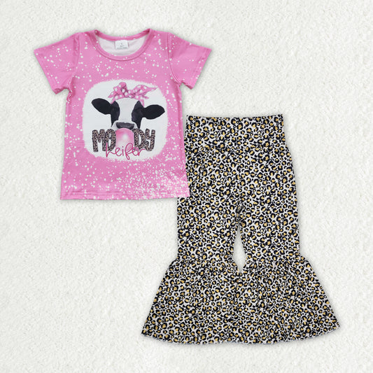 GSPO1843 Baby Girls Western Moody Heifer Shirt Leopard Bell Pants Clothes Set