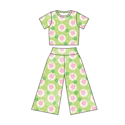 GSPO1870 Baby Girls Green Pink Flowers Shirt Bell Pants Clothes Sets Preorder