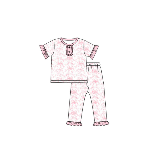 GSPO1872 Baby Girls Pink Bows Shirt Pants Pajamas Clothes Sets Preorder