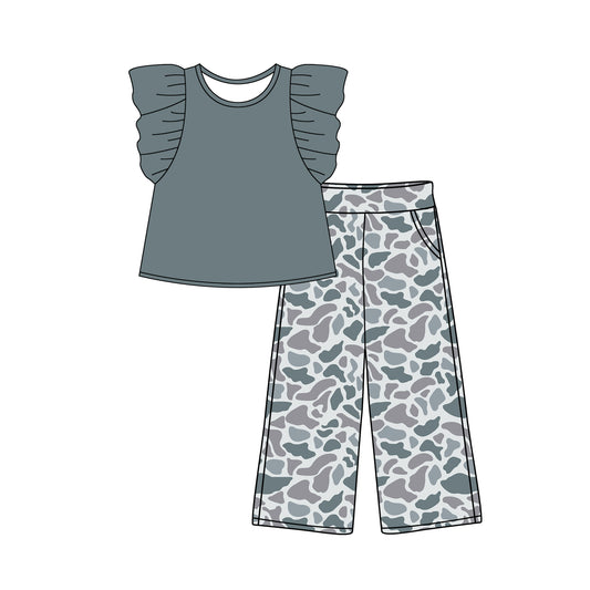 GSPO1873 Baby Girls Grey Flutter Sleeve Shirt Camo Pants Clothes Sets Preorder