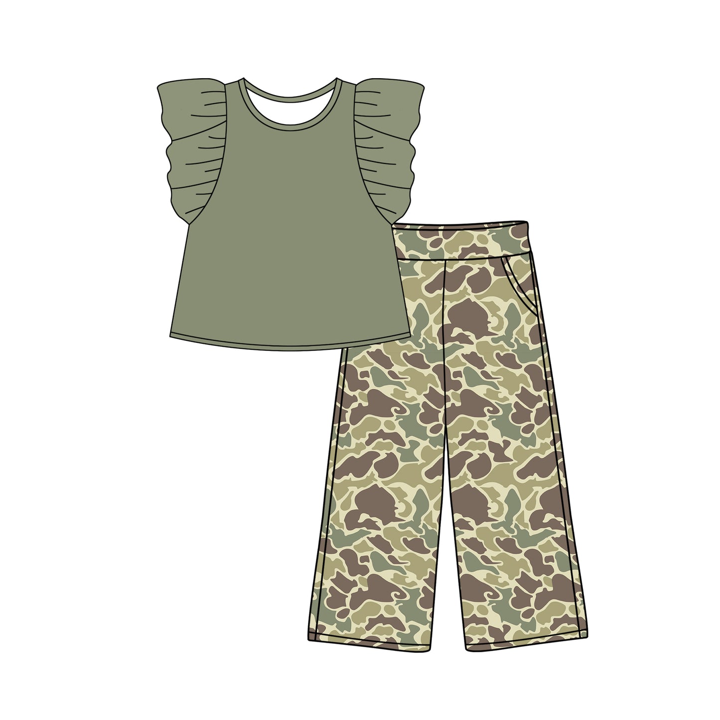 GSPO1875 Baby Girls Green Flutter Sleeve Shirt Camo Pants Clothes Sets Preorder