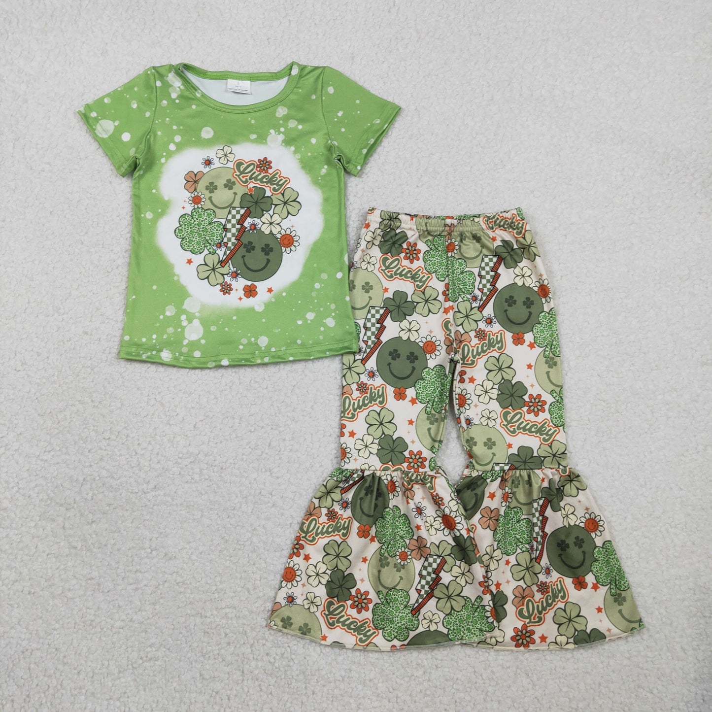 RTS GSPO1876 Kids Summer Top With Long Pants Baby Girls Smile Clovers Shirt Top Bell Pants St Patrick Clothes Sets