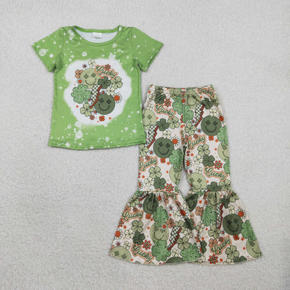 RTS GSPO1876 Kids Summer Top With Long Pants Baby Girls Smile Clovers Shirt Top Bell Pants St Patrick Clothes Sets