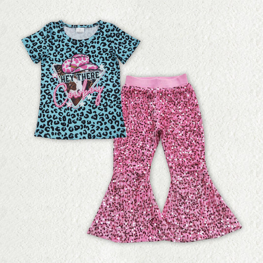 GT0934+D5-27 Baby Girls Blue Leopard Cowboy Top Pink Sequin Bell Pants Clothes Set 6.26