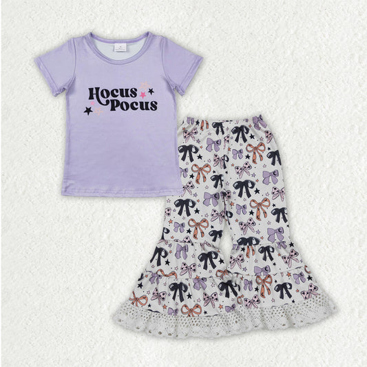 GT0667+P0783 Baby Girls Hocus Pocus Top Bows Lace Bell Bottom Halloween Clothes Set 8.13