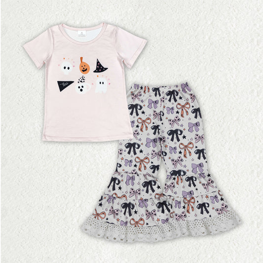 GT0698+P0783 Baby Girls Ghost Pumpkins Top Bows Lace Bell Bottom Halloween Clothes Set 8.13