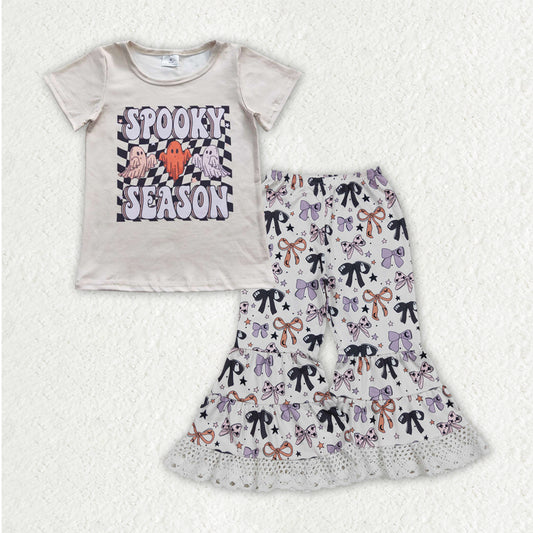 GT0231+P0783 Baby Girls Spooky Ghosts Top Bows Lace Bell Bottom Halloween Clothes Set 8.13